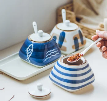 

Japanese Creative Kitchen Supplies Seasoning Box Set Home Ceramic Oil Salt Box Seasoning Seasoning Box Seasoning Tank Q216