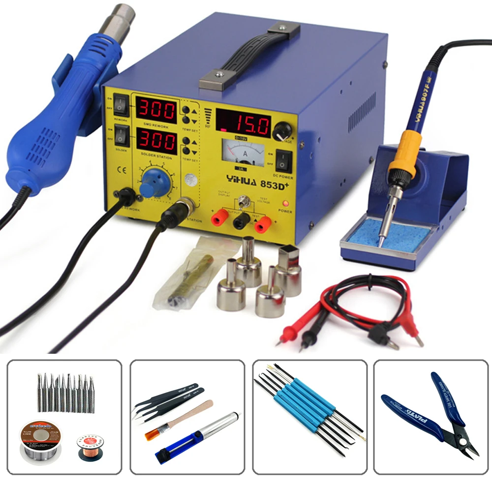 

YIHUA 853D+ 3A High Power Digital Display Solder Heat Gun Temperature Adjustable BGA Rework Station + Soldering Iron