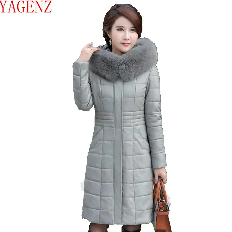 Middle aged New Large size Women Fur collar PU Leather