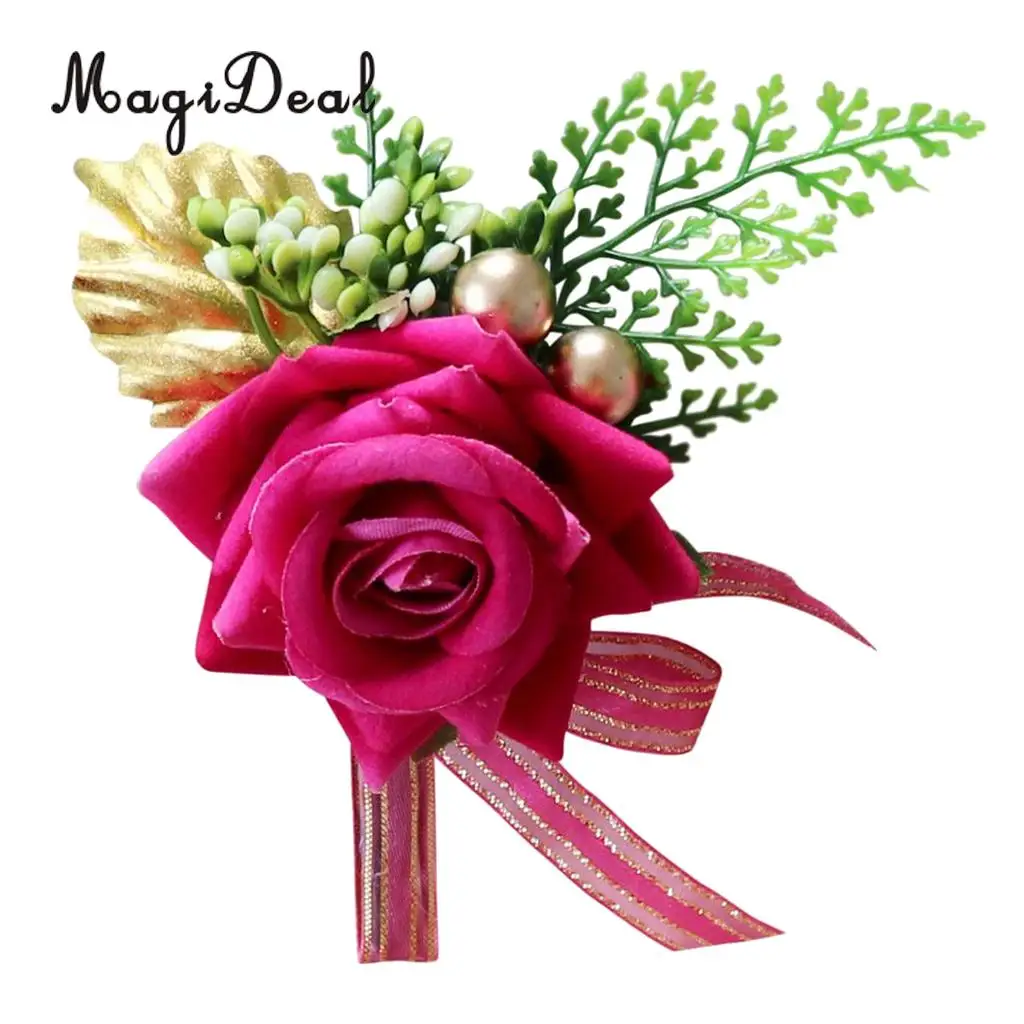 Romantic Artificial Rose Flower Pearls Wedding Corsage Boutonniere for Bridal Groom Fancy Dress