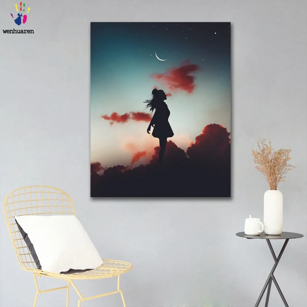 DIY картинки для раскраски по номерам с цветами маленькая девочка лунный силуэт