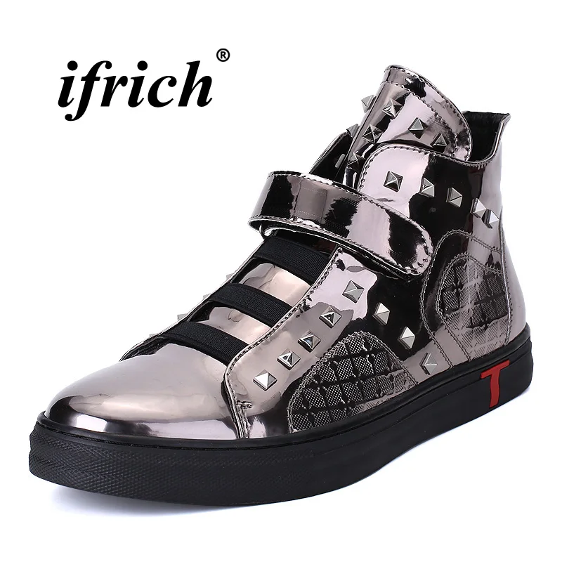 

2018 Men Original Casual Rivet Boots Gold Silver Male Fashion Sneakers High Top Flats Boots Anti-Slip Men Patent Leather Shoes