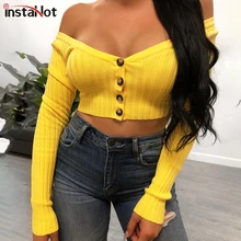 InstaHot Button Front Deep V-neck T-shirt Long Sleeve Women Cropped Top Autumn Rib-Knit Yellow Pink Casual Party Tshirt Tops InstaHot Button Front Deep V-neck T-shirt Long Sleeve Women Cropped Top Autumn Rib-Knit Yellow Pink Casual Party Tshirt Tops