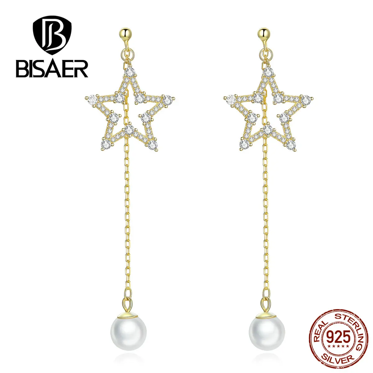 

BISAER Stud Earrings Star Shape Earrings Genuine 925 Sterling Silver Jewelry For Women Zircon Gold Color High Quality HVE196