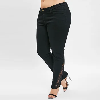 

Rosegal Lace Panel Plus Size Skinny Jeans Women Pencil Pants Casual Black Denim Pants New Fashion Women's Clothing Trousers 2019