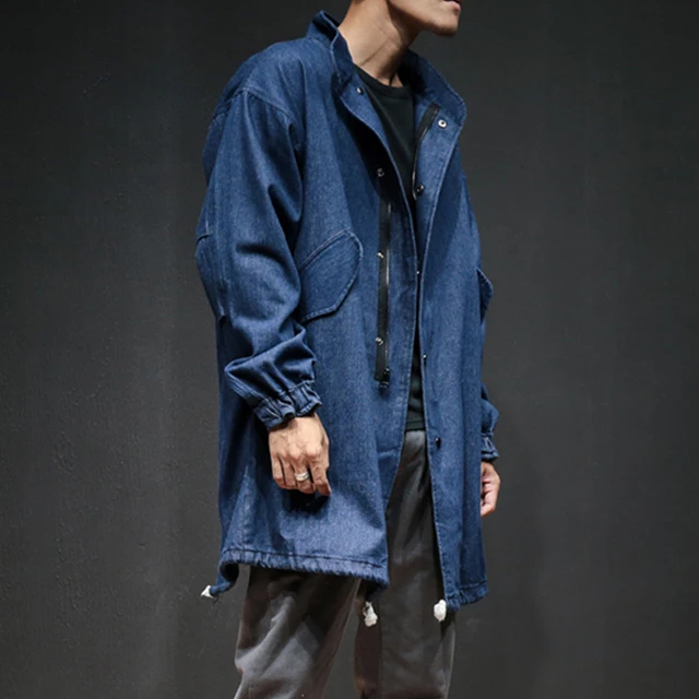 Autumn Spring Men Denim Trench Coat Male Fashion Casual Loose Jean Long ...