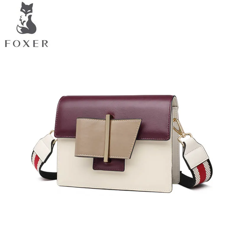 

FOXER 2019 new tide color matching fashion shoulder bag leather contrast color Messenger bag small bag female branded handbag