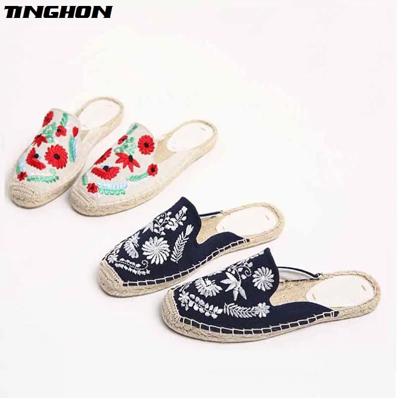 

TINGHON Fashion Ethnic Casual Espadrilles Embroidery flowers Flat New Women Spring Printed Embroider Slip on Fishermen Hemp Rope