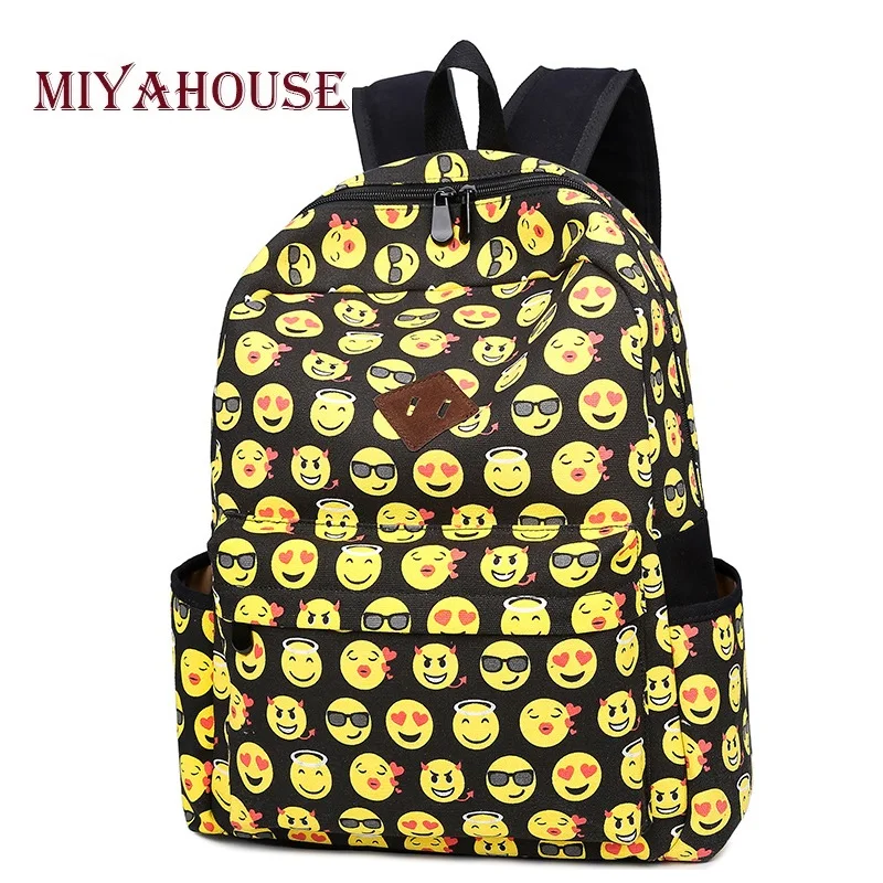 

Miyahouse Casual Emoji Design Backpack Women Large Capacity Canvas School Backpack Girls Smilely School Bag Lady