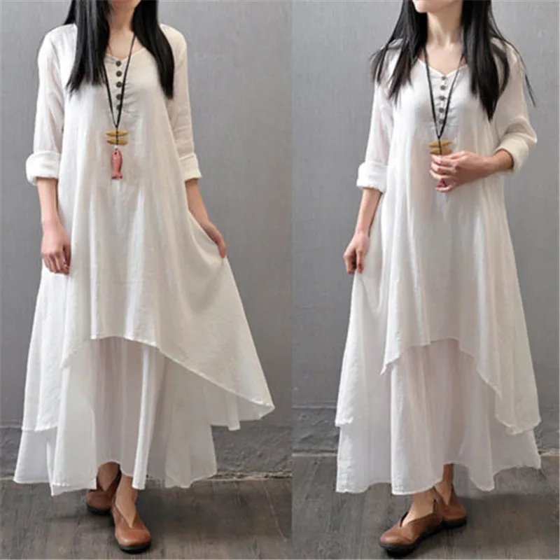 Popular Fashion Solid Loose Long Sleeve  Women Peasant Ethnic Boho Cotton Linen Long Sleeve Gypsy Dresses Maxi Dress