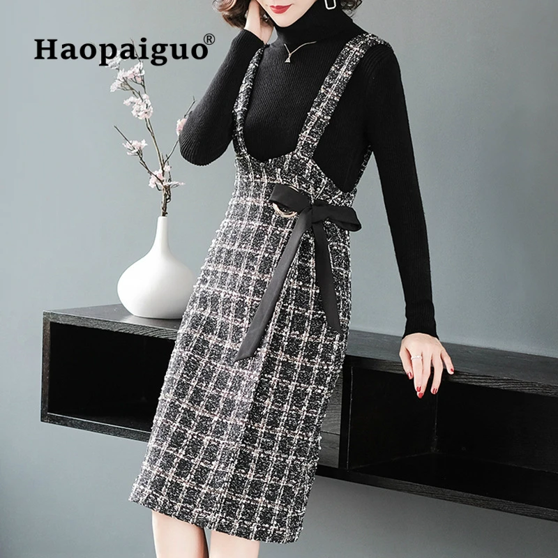 

Plus Size 2 Piece Set Women Turtleneck Solid OL Knitting Sweater and Elegant Casual Wrap Tank Bandage Dress Women Two Piece Set