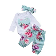 3 шт./компл. симпатичный комплект для новорожденной девочки, для детей, малышей, девочек, Цветочный принт комбинезон+ штаны+ повязки; одежда M09