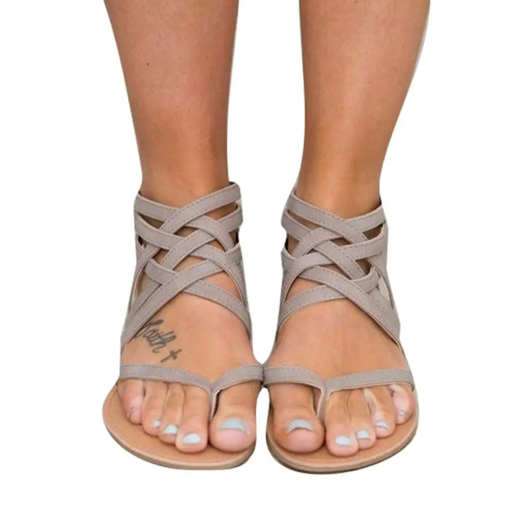 Women Summer Sandals Flats Shoes Non Slip Romans Female Flat Sandalias Peep Toe Cross Strap 