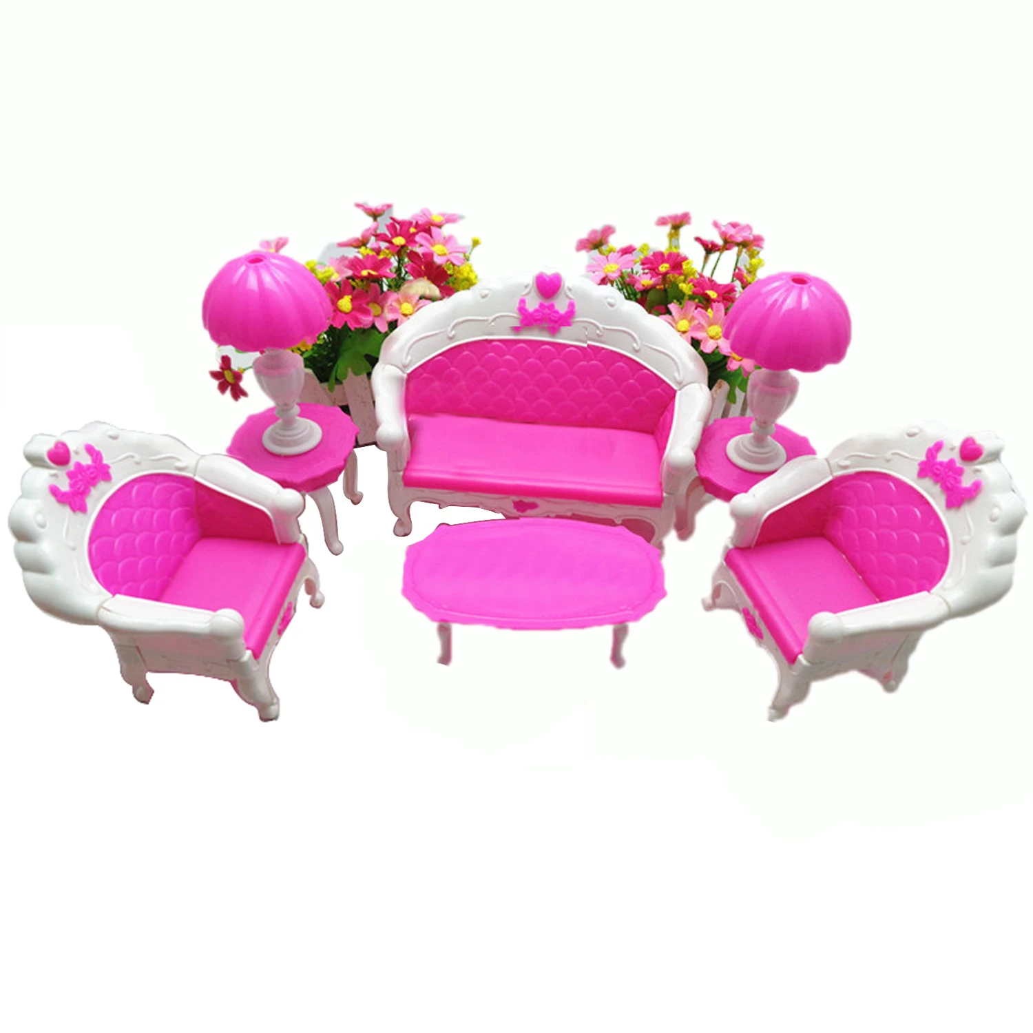 6pcs Mini Dollhouse Furniture Living Room Parlor Sofa Chair Couch Desk Lamp Tea Table Doll House Accessories for Barbie Doll Toy
