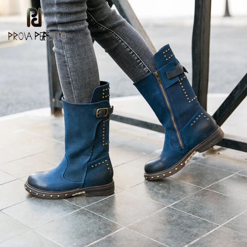 Prova Perfetto новые винтажные стильные ботинки синие кожаные с заклепками короткие боты на толстой подошве ботинки martin крутые мотоциклетные ботинки