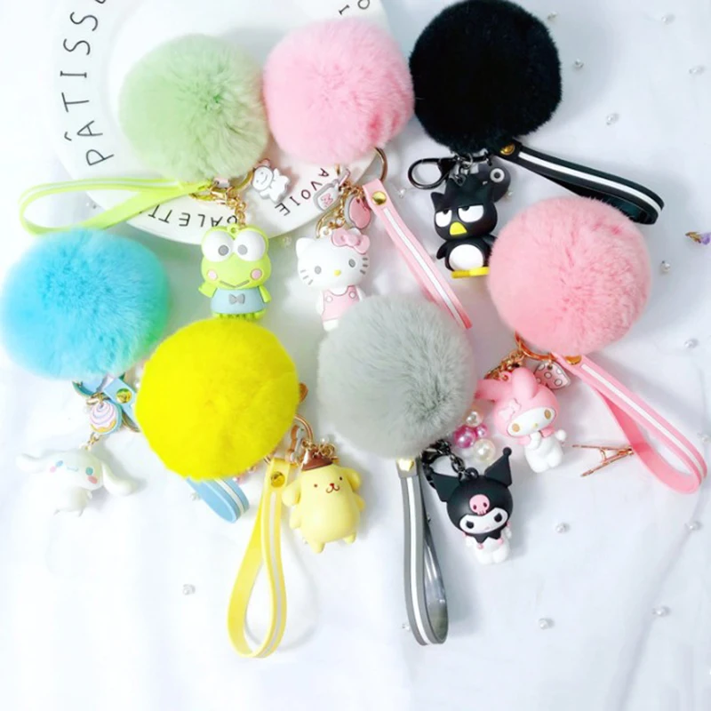 

1 Pc Cute My Melody Pudding Cinnamoroll Dog Hello Kitty Fur Ball Keychain Plush KeyChain Bag Pendant Keyring for Girls Plush Toy