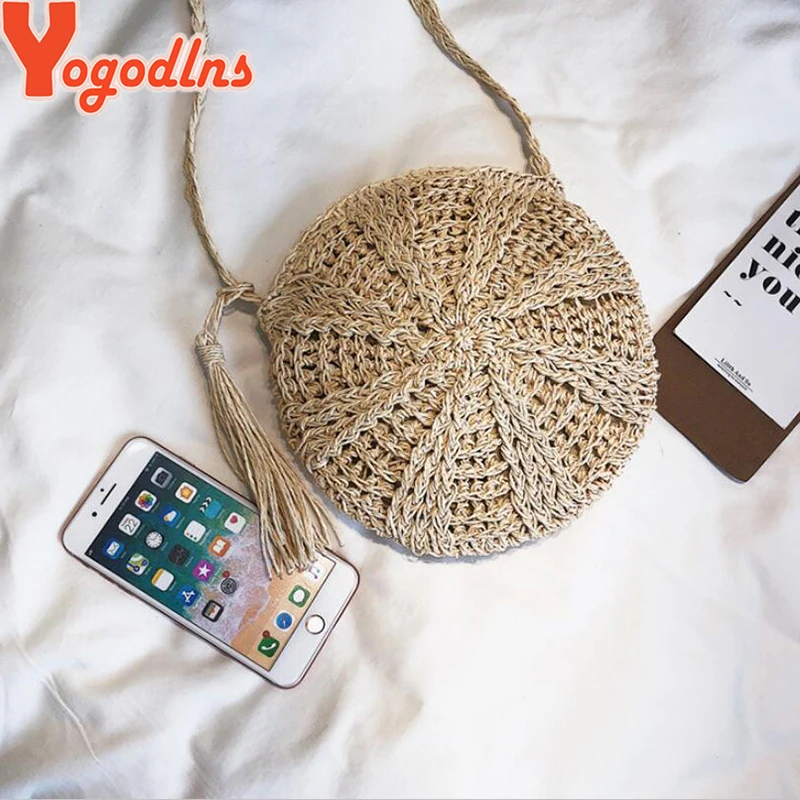 Women Straw Bags Bohemian Rattan Female Beach Handbag Circle Lady Woven Crossbody Bag Handmade Round Kintted Bag bolso