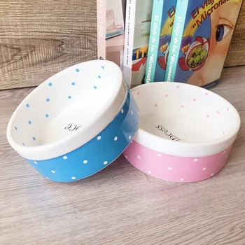 

Pet Dog Beautiful Ceramics Pink Blue Dot Pattern Bowl Dog Cat Drinking Eating FeederS BW761