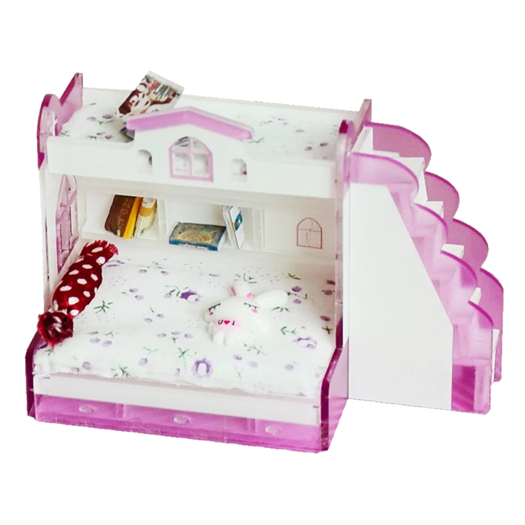 1/12 Dollhouse Miniature Children Bedroom Furniture Bunk Bed Double Bunk With Accessories Purple Color For Little Girls Present