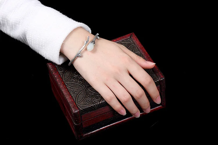 Uglyless Настоящее серебро 925 филиал браслеты для женщин винтажные, этнические, с цветочным открытым браслетом тайское серебро ювелирные украшения нефрит
