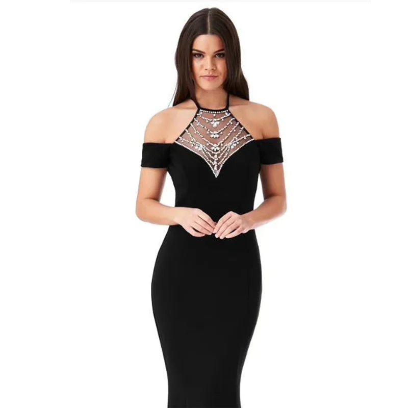 2018 New Fashion Wholesale Online Top Quality Black Long Bandage Dress Bodycon Luxury Women Party Dresses With Beading Vestidos