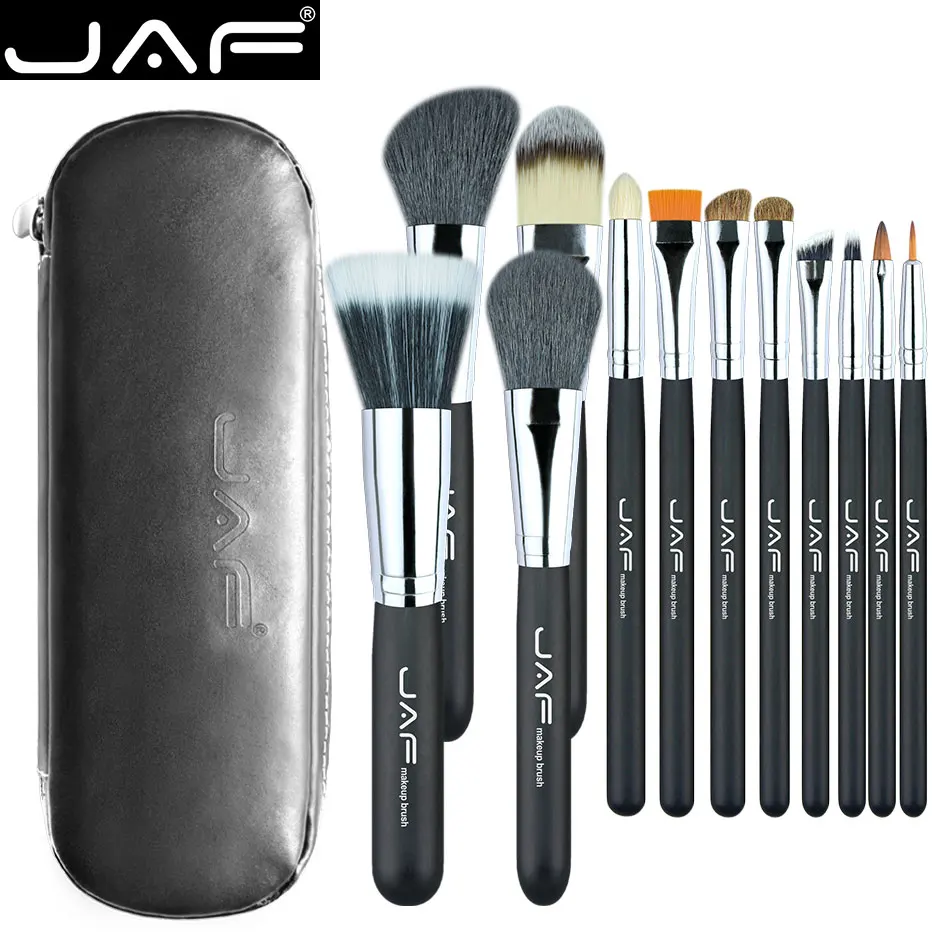 

JAF 12pcs High Quality Make Up Brush Set Leather Case with Zipper Professional Cosmetic Beauty Makeup Brushes & Tools J1203MYZ-B