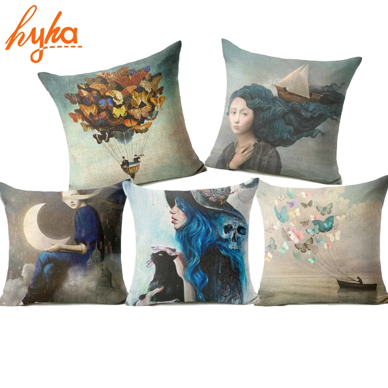 

Christian Style Linen Pillow Case Animal Flower Moon Cushion Cover Sailing Mermaid for Sofa Home Decorative Throw Pillow Cover