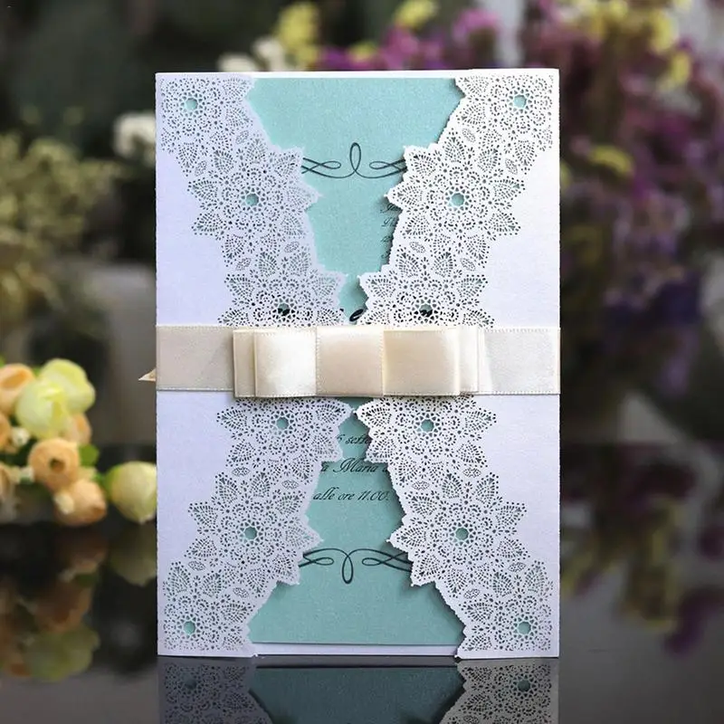  10PCS Elegant Delicate Carved Lace Wedding Anniversary Party Invitations Cards With Bowknots Weddin - 32945691029