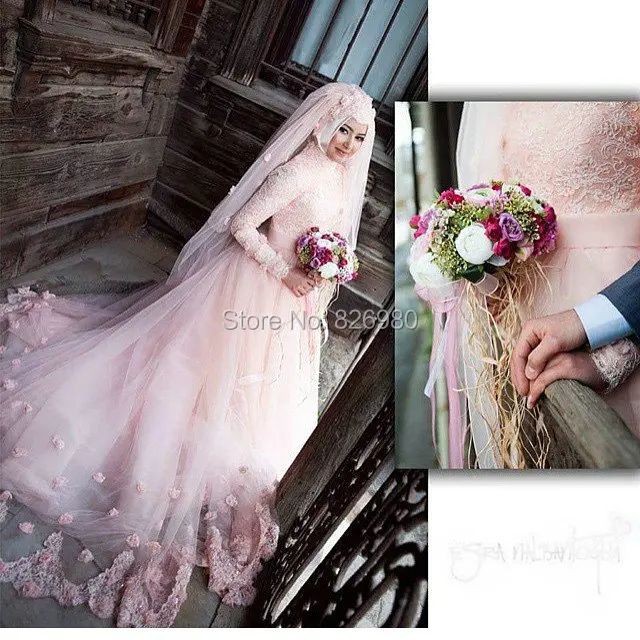 Long Sleeve Pink Color Muslim Wedding Dress Gelinlik 2017 With font b Hijab b font Veil