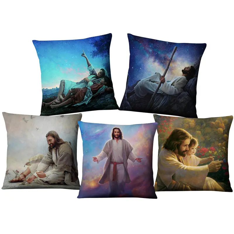 

Catholic Church Jesus printing Pillow Cover Beautiful Linen Cushion Cover for Sofa Seating Living Room Home Decor Pillow Case