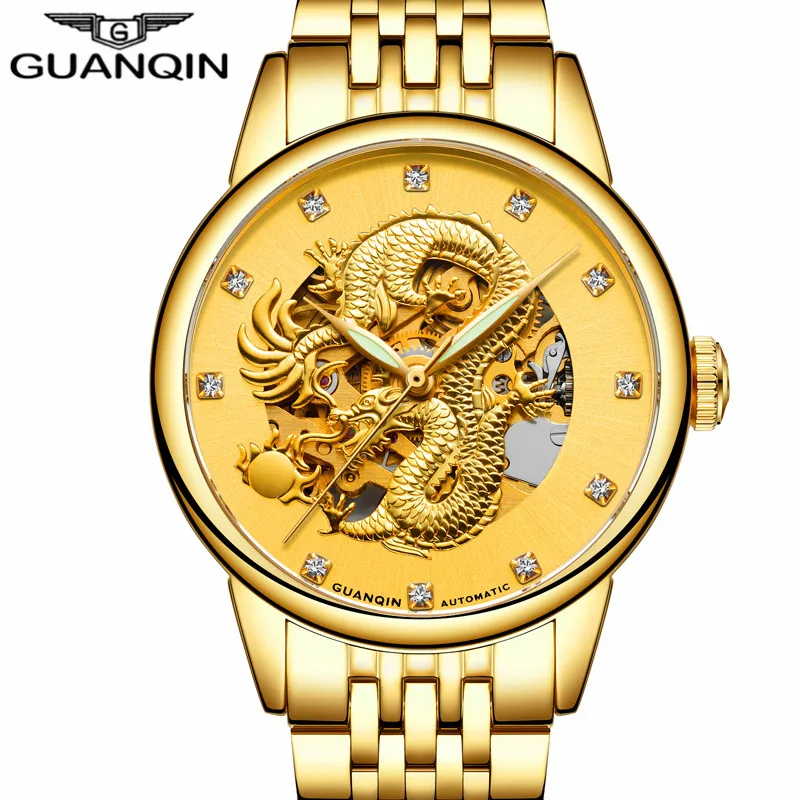 Relogio masculino GUANQIN Элитный Бренд Скелет Золотой Дракон Нержавеющая сталь часы Для