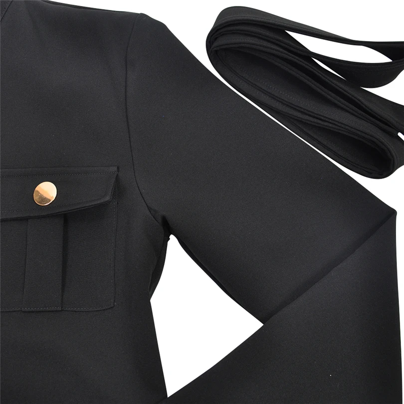 MVGIRLRU женское черное платье с длинным рукавом с воротником-стойкой и поясом, платье с пуговицами, дизайн с карманами, прямые платья