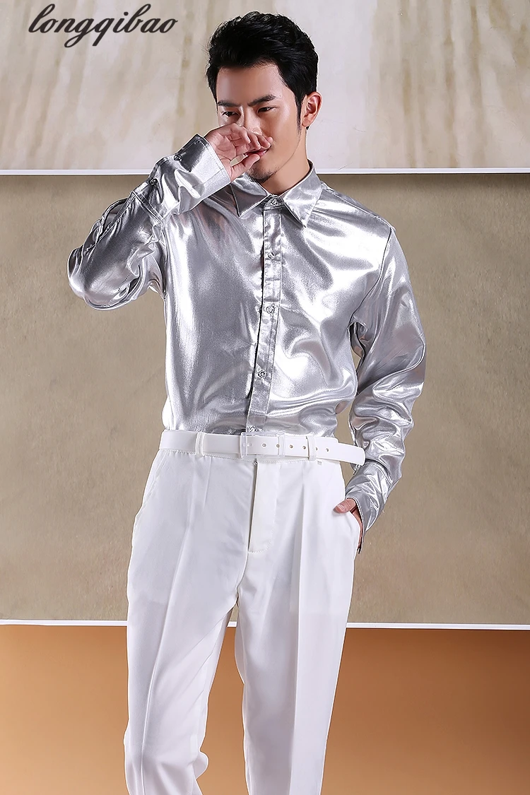Men Stage Performance Silver Gold Shiny Blouse Dinner Party Chorus Photography Studio Shirt HF305
