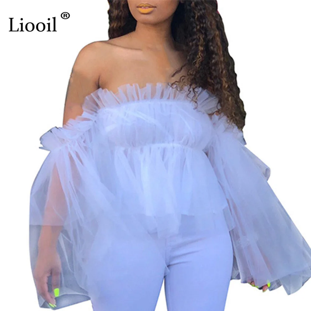 Liooil Сексуальная сетчатая блузка без бретелек, женская летняя коллекция, прозрачные вечерние Блузы с вырезом лодочкой, женские блузки больших размеров