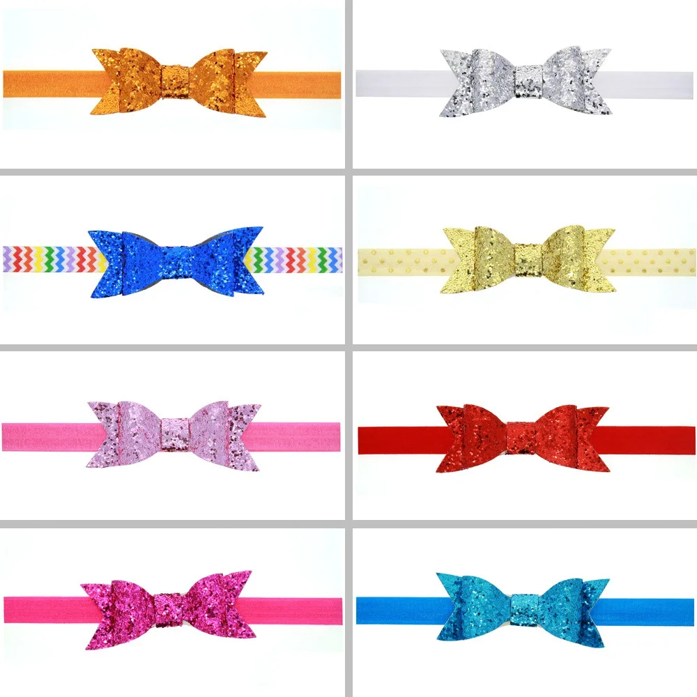 1pc per color 8pcs Новое милое блестящее ободок с бантом для новорожденных девочек, эластичное украшение для волос, Детская повязка на голову, аксессуары для волос для девочек - Цвет: 1pc per color 8pcs
