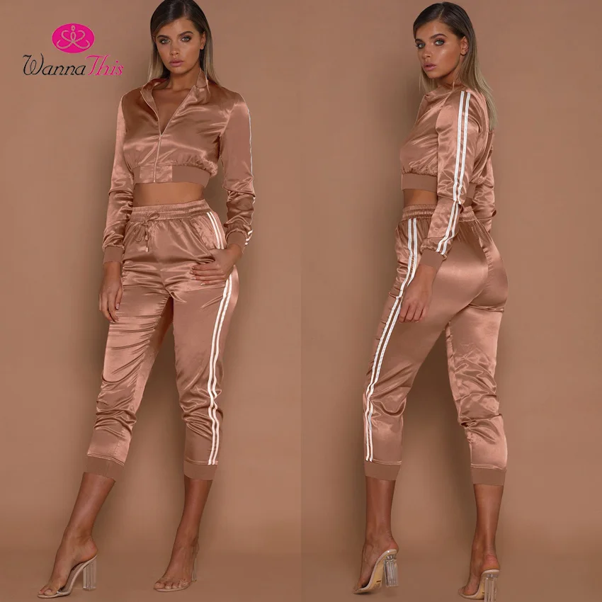 Rose Gold WannaThis Осень Зима атласные наборы для женщин молния боковая полоса укороченный топ шнурок до середины икры штаны сексуальные тренировочные костюмы - Цвет: Rose Gold