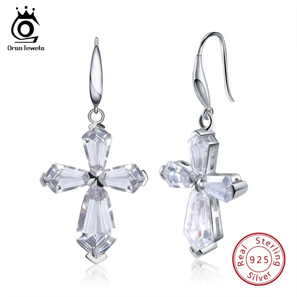 

ORSA JEWELS Real 925 Sterling Silver Dangle Earrings With Clear Big Cross AAA Zircon Drop Earring Female Jewelry Wholesale OSE51