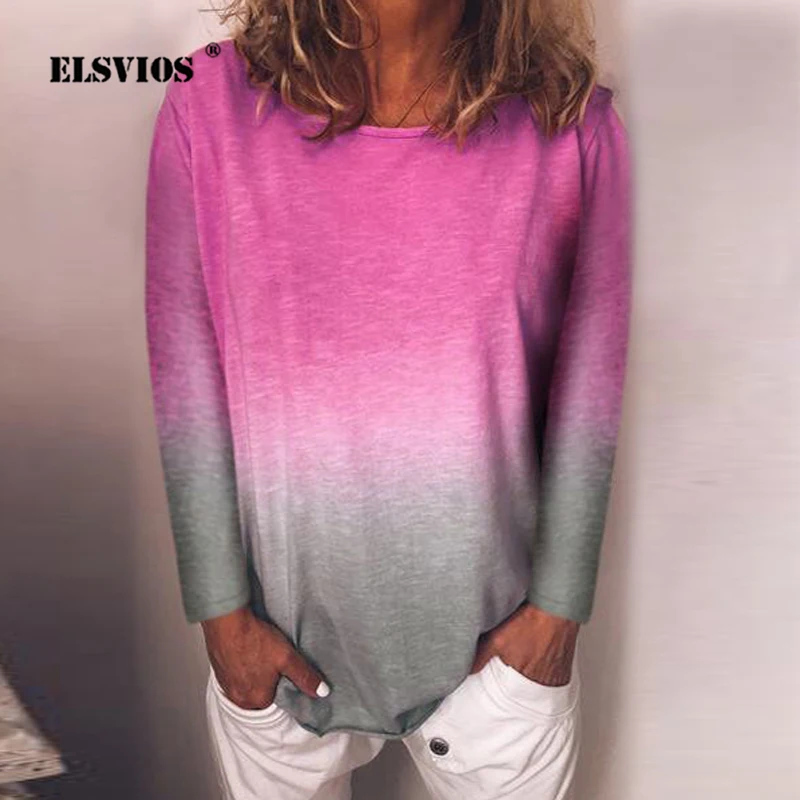

ELSVIOS 5XL Rainbow Gradient Print Autumn Shirt Plus Size O-neck Long Sleeve Women Blouse Sexy Patchwork Boho Blusas Summer Tops