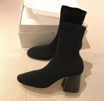 

Hot Selling Women's Ankle Sock Thigh High Boots Sequare Heels Round Toe Glitter Knit Women Autumn Boots Slip-on Dress Shoes