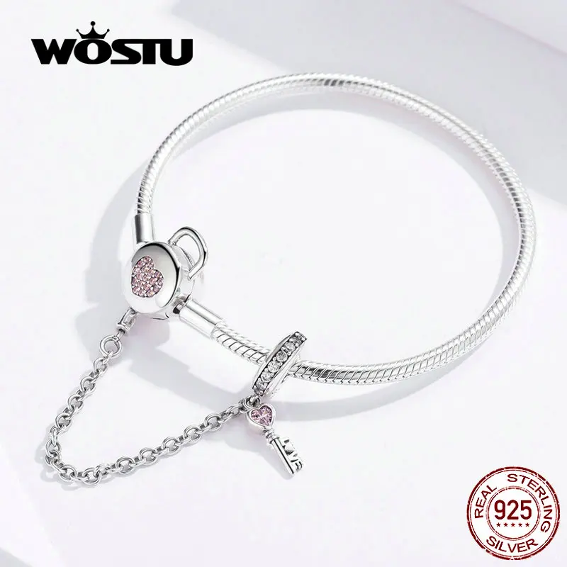 WOSTU,, 925 пробы, Серебряное сердце, брелок, браслеты, розовый циркон, шарм, браслет для женщин, серебро, 925, ювелирное изделие, CQB143