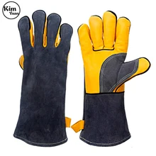 Ким Юань 041 кожаные перчатки сварочные-Жаростойкие/огнестойкие, для сварщика/печи/камина/обработки животных/барбекю-коричневый 14 дюймов