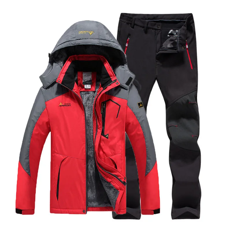Женские зимние меховые походные треккинговые лыжные альпинистские водонепроницаемые уличные куртки Мягкие штаны теплые брюки комплект - Цвет: Red Suit