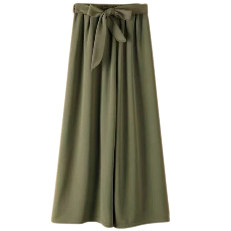 

New Fashion Drawstring Bow Loose Wide Leg Pants Women Casual Solid Wide Elastic Waist Trousers Cotton Ankle-Length Pants