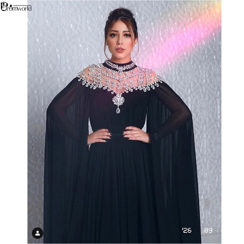Черные мусульманские Вечерние платья с высоким горлом, украшенные кристаллами, шифон, Дубай, кфтан, Саудовская Арабский официальный вечерний наряд, длинное платье для выпускного вечера