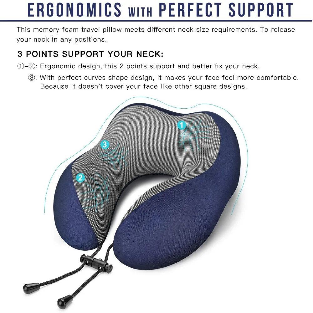 Travel Pillow 100% Pure Memory Foam Neck Pillow Comfortable & Breathable Cover Machine Washable, Airplane Travel Kit with 3D