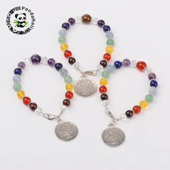 

10pcs Multi-color Stone Chakra Charm Bracelets with Tibetan Style Tree of Life Pendant and Glass Beads Mixed Stone, 195mm