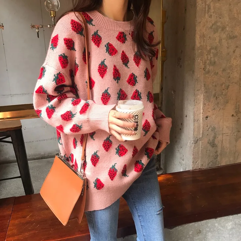 

Women Oversized Sweater Pullovers Sweet Strawberry Jacquard Knitting Sweater Loose Round Neck Harajuku Girl Pink Printed Sweater
