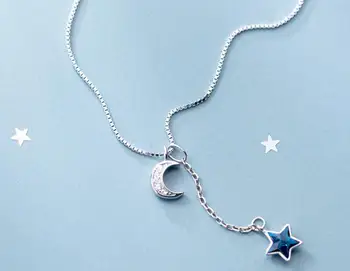 

Authentic 100% REAL. 925 Sterling Silver fINE Jewelry Blue Star &zirconia moon crescent pendant "Y" Necklace GTLx1769