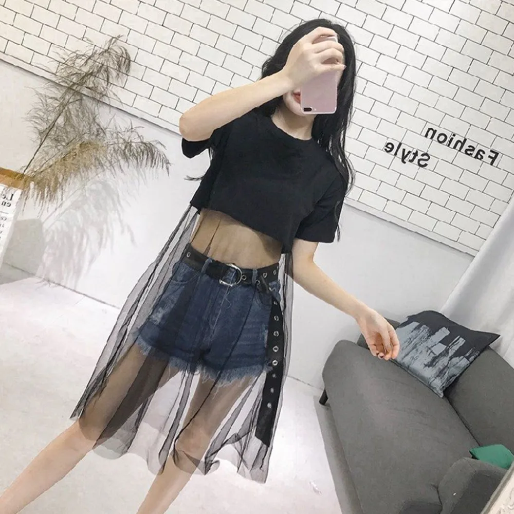 

Womens Summer Short Sleeve Fake Two Piece T-Shirt Dress Sexy See Through Mesh Patchwork Knee Length Pullover Loose Part