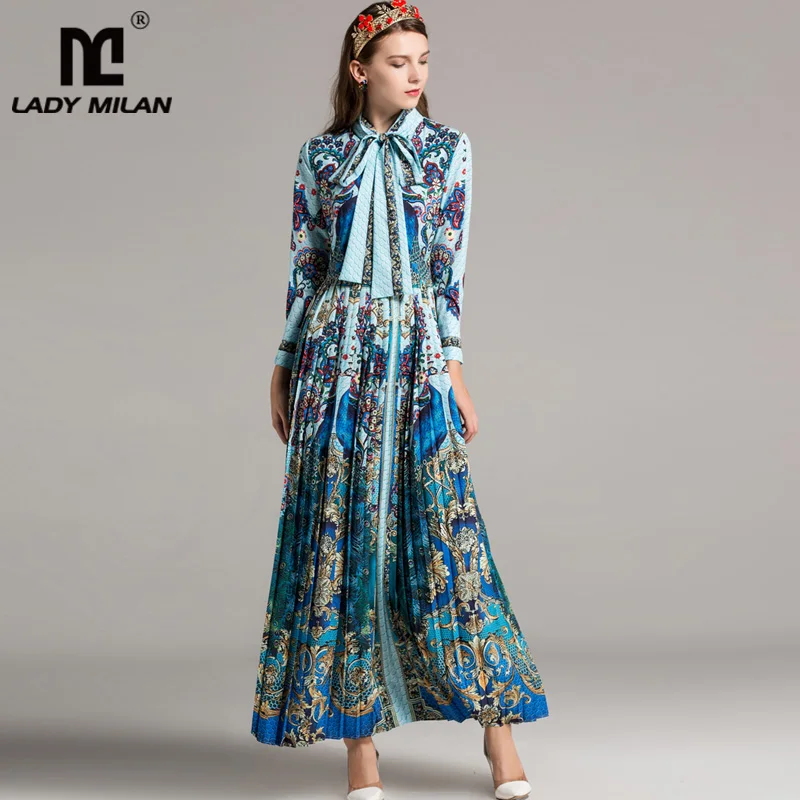 

2019 Spring Women's Elegant Runway Dresses Lace Up Bow Vintage Printed Pleated Fashion Designer Maxi High Quality Maxi Dresses